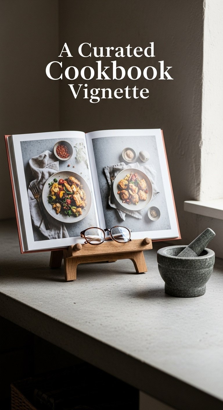 Open cookbook on rustic wooden stand with stone mortar and pestle on concrete countertop