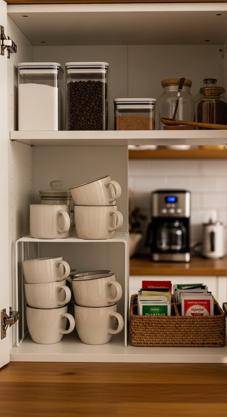 Open kitchen cabinet converted into a beverage station with a wire shelf riser holding mugs, tea bags, coffee beans, and sugar