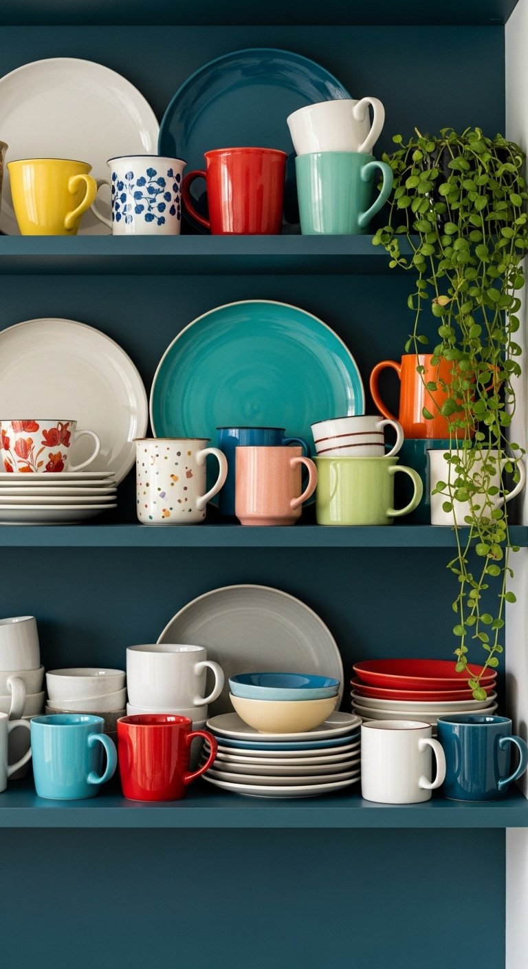 Open kitchen shelves displaying a personal collection of colorful mismatched vintage coffee mugs and ceramic plates on a dark teal wall