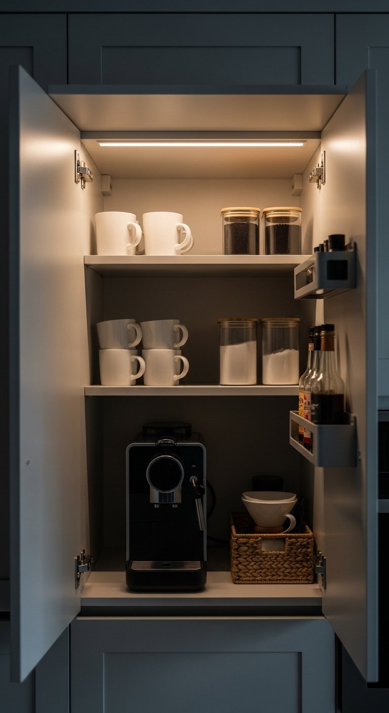 Open light gray kitchen cabinet revealing a hidden coffee nook with black coffee machine mugs containers and syrup rack