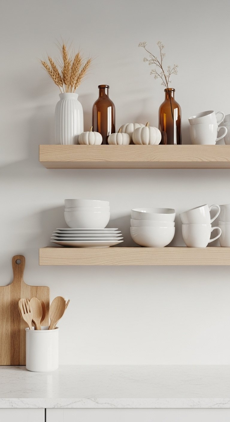 Open shelves with white ceramic dishes amber glass bottles mini pumpkins and dried wheat stalks, elegant fall kitchen decor