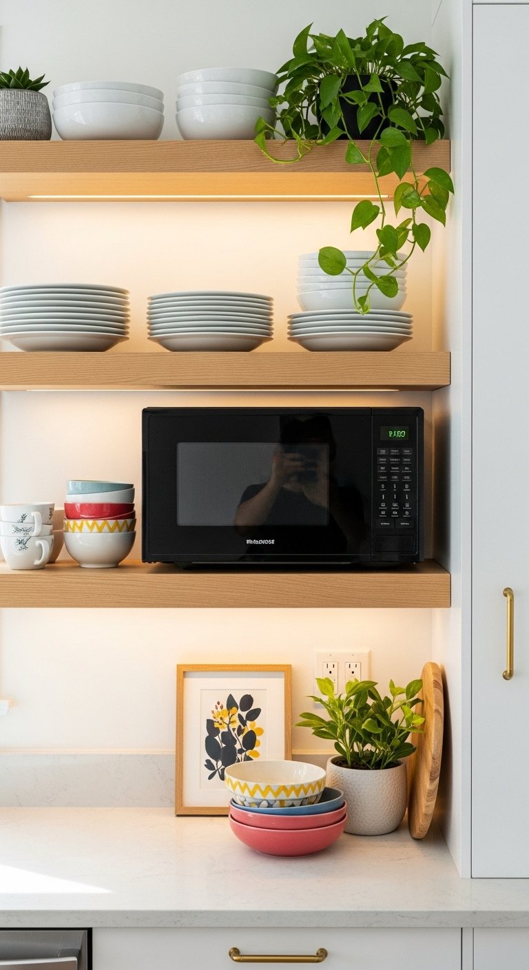 Open shelving kitchen with black microwave natural wood shelves white plates green plants and colorful ceramic bowls