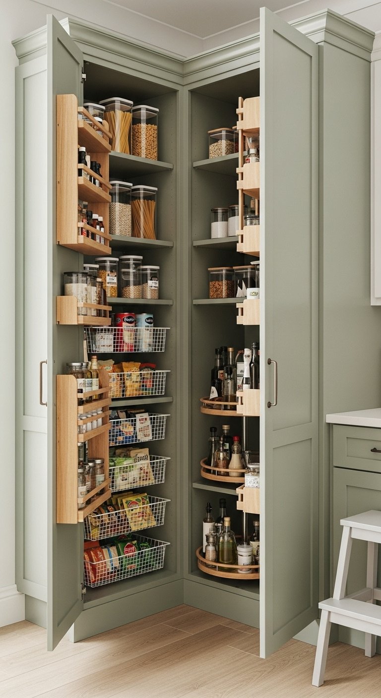 Open tall corner pantry cabinet in sage green, impeccably organized with clear containers, can organizers, baskets, and a Lazy Susan