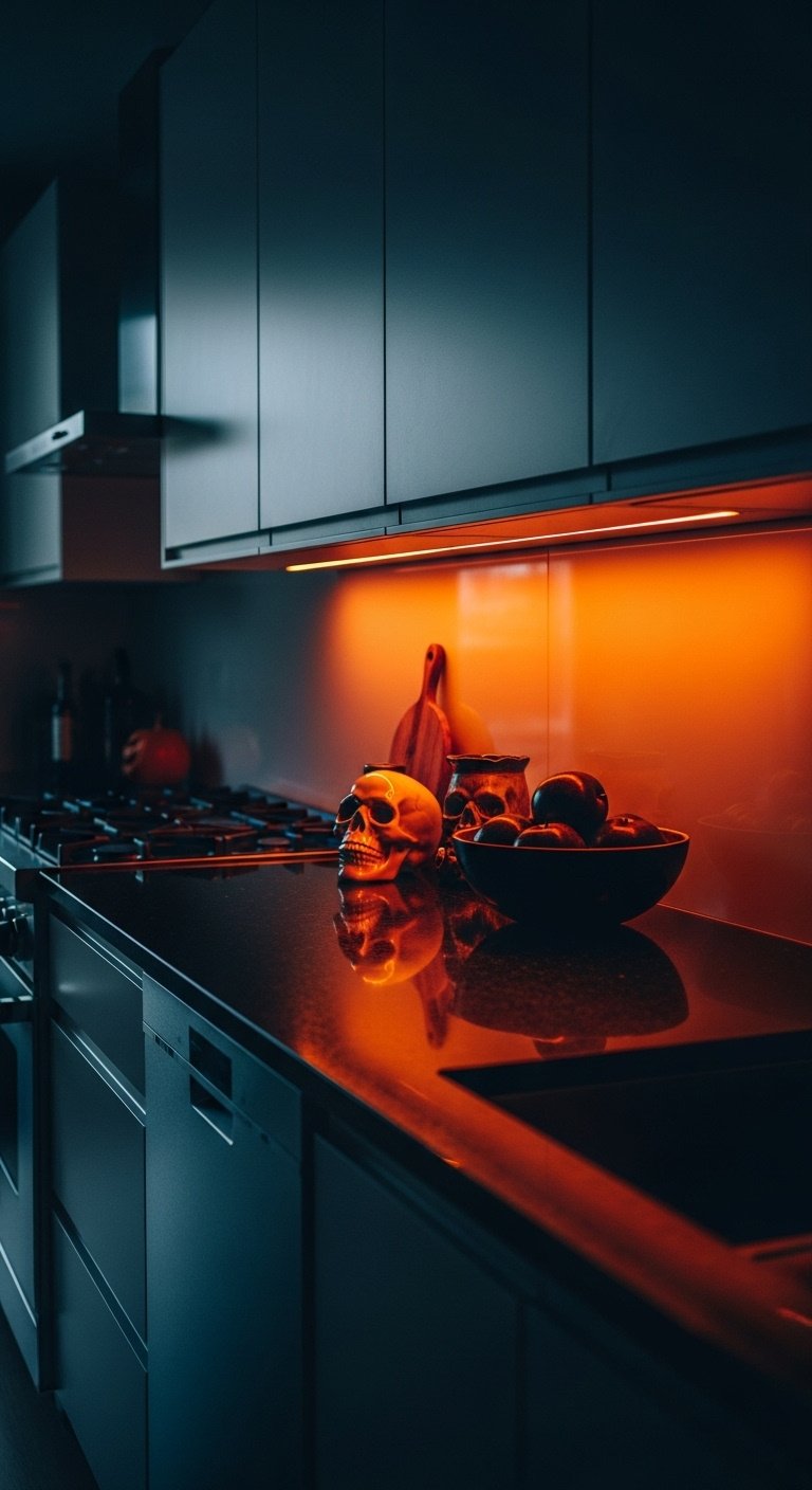 Orange LED undercabinet light illuminating a black granite counter with a ceramic skull and dark apples in a moody kitchen