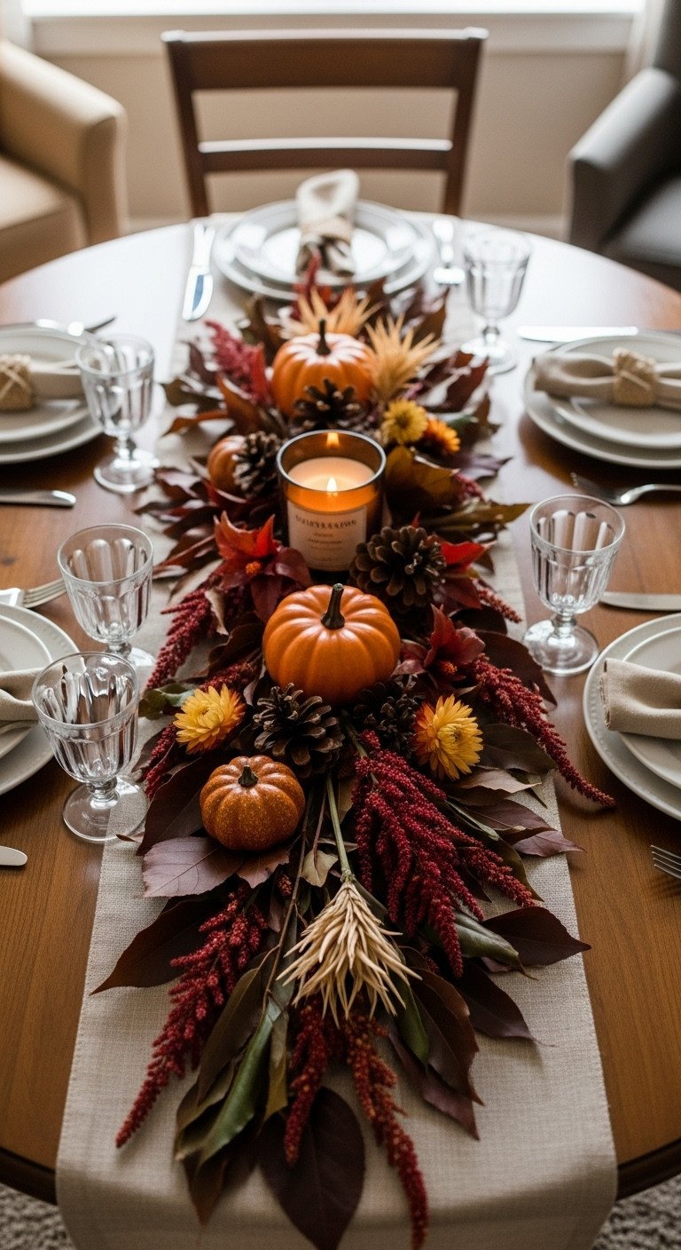 Organic foliage table runner with hibiscus leaves amaranth straw flowers mini pumpkin and candle on a round wooden table with ceramic plates