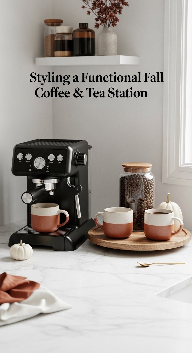 Organized fall coffee station with espresso machine ceramic mugs and pumpkin on marble counter, cozy minimalist decor