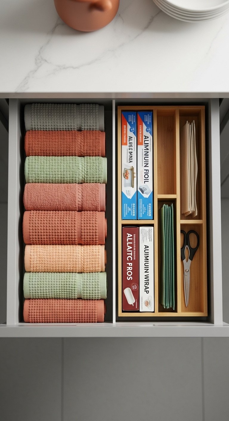 Organized kitchen drawer with bamboo dividers utensil holders and spice insert in a modern kitchen