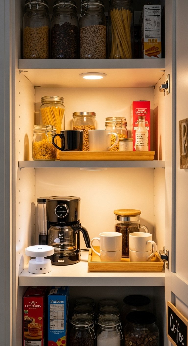 Organized kitchen pantry shelf with coffee maker mugs and jars on a wooden tray illuminated by LED light with a chalkboard label