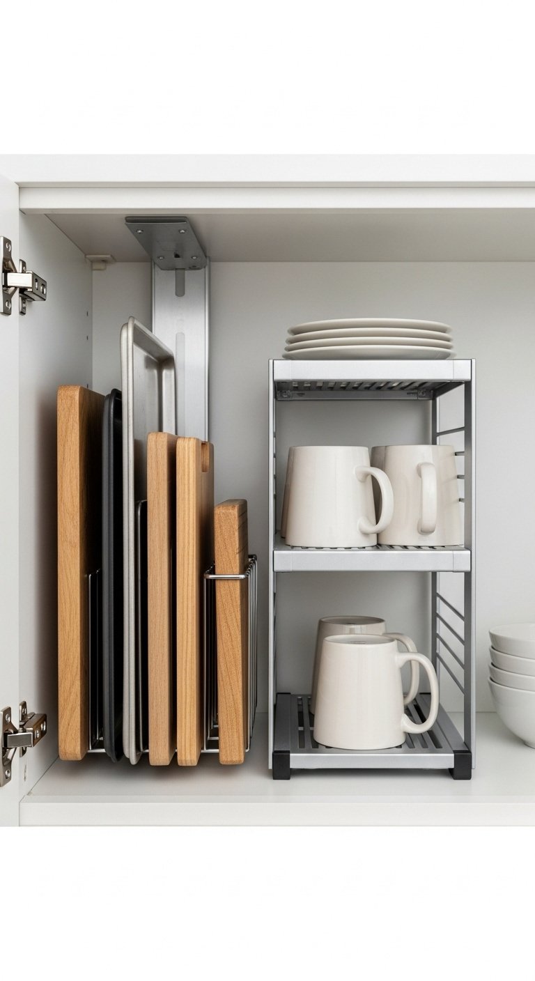 Organized kitchen with lazy susans clear bins and magnetic knife strip for efficient storage