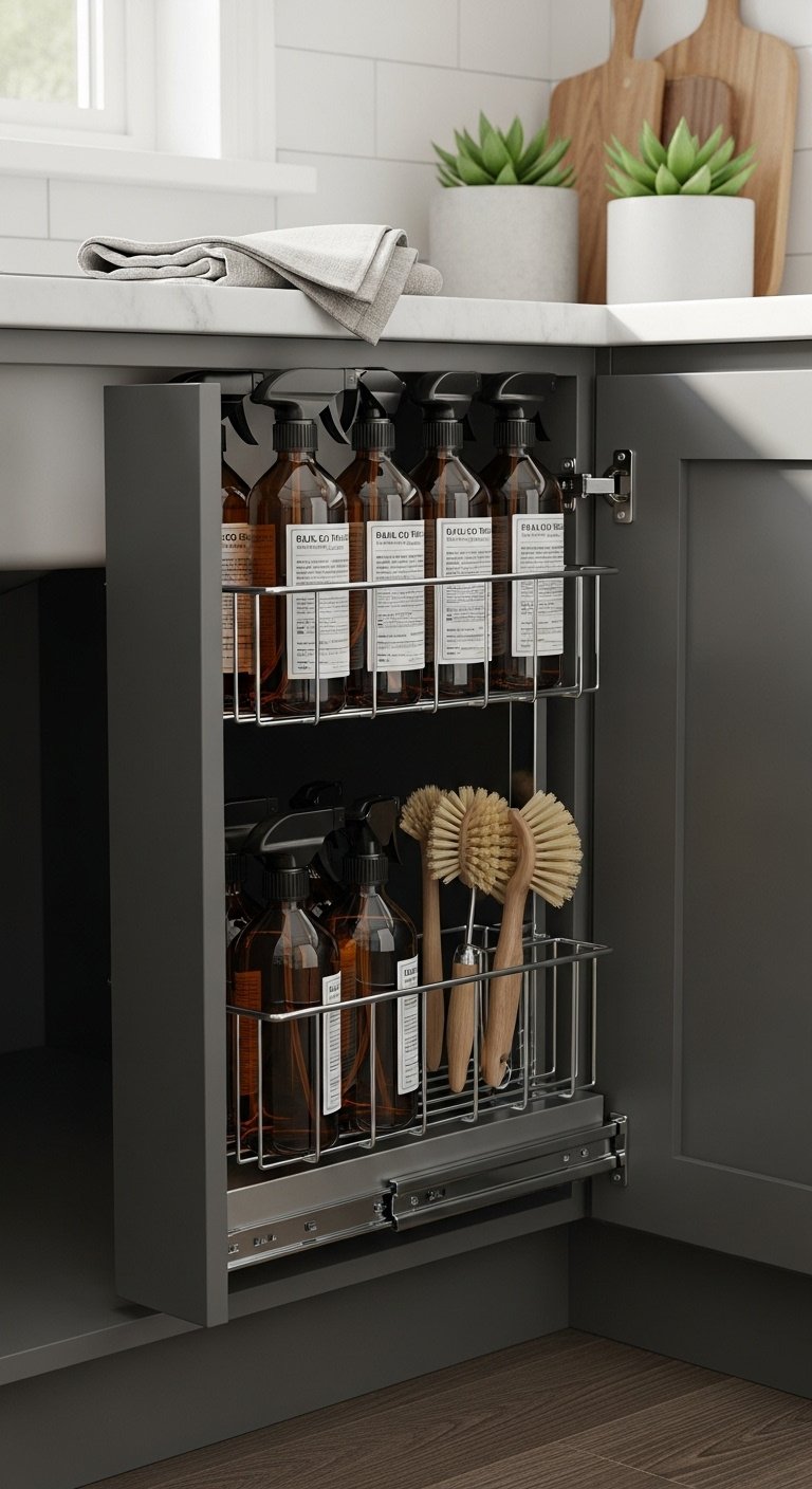 Organized modern kitchen sink with caddy drying rack and pull out under sink storage