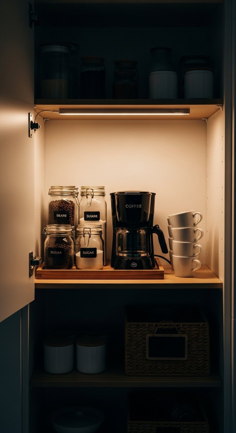 Organized pantry shelf with hidden coffee station featuring a black coffee maker labeled glass jars and white mugs on a wooden tray