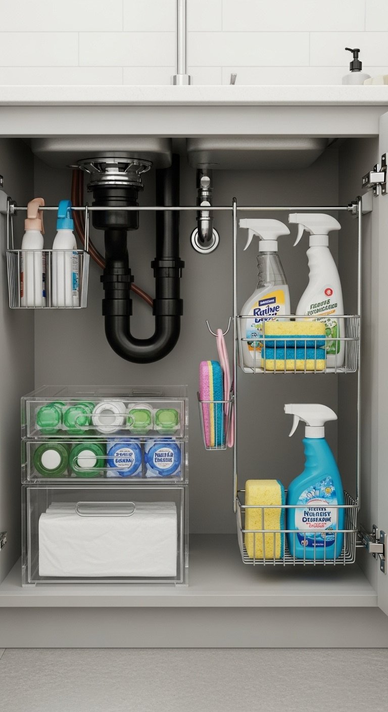 Organized small kitchen featuring a roll up dish rack and a minimalist aesthetic