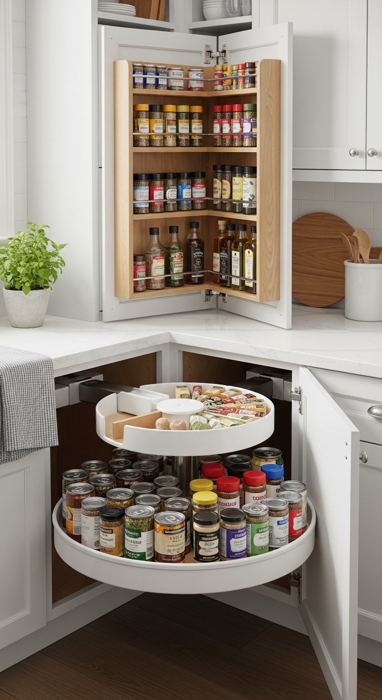 Organized white pie-cut Lazy Susan in a modern kitchen corner cabinet filled with colorful spices and oils, soft natural light, bokeh background