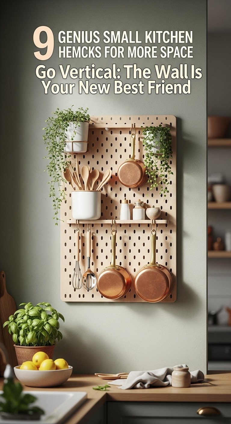 Organized wooden kitchen pegboard with copper pots white utensils and plants on a sage green wall maximizing vertical space