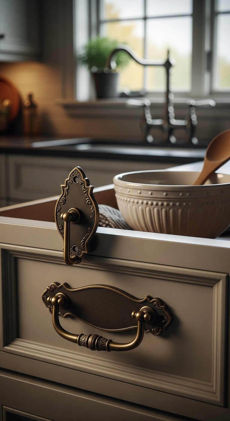 Ornate antique brass bail pull on a creamy off-white kitchen drawer with warm moody light and cozy traditional mood
