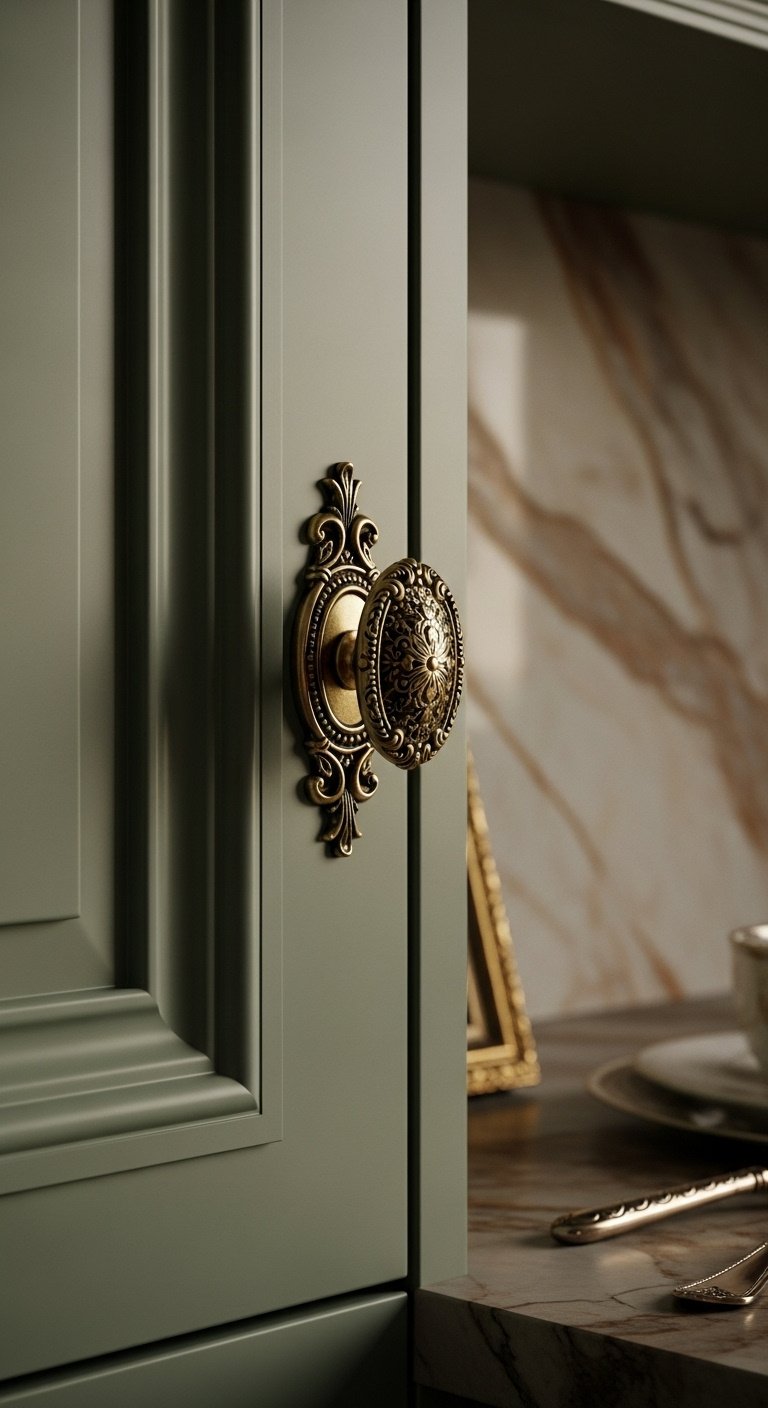 Ornate brass cabinet knob on towering sage green cabinet door intricate molding natural stone backsplash gilded picture frame antique silverware