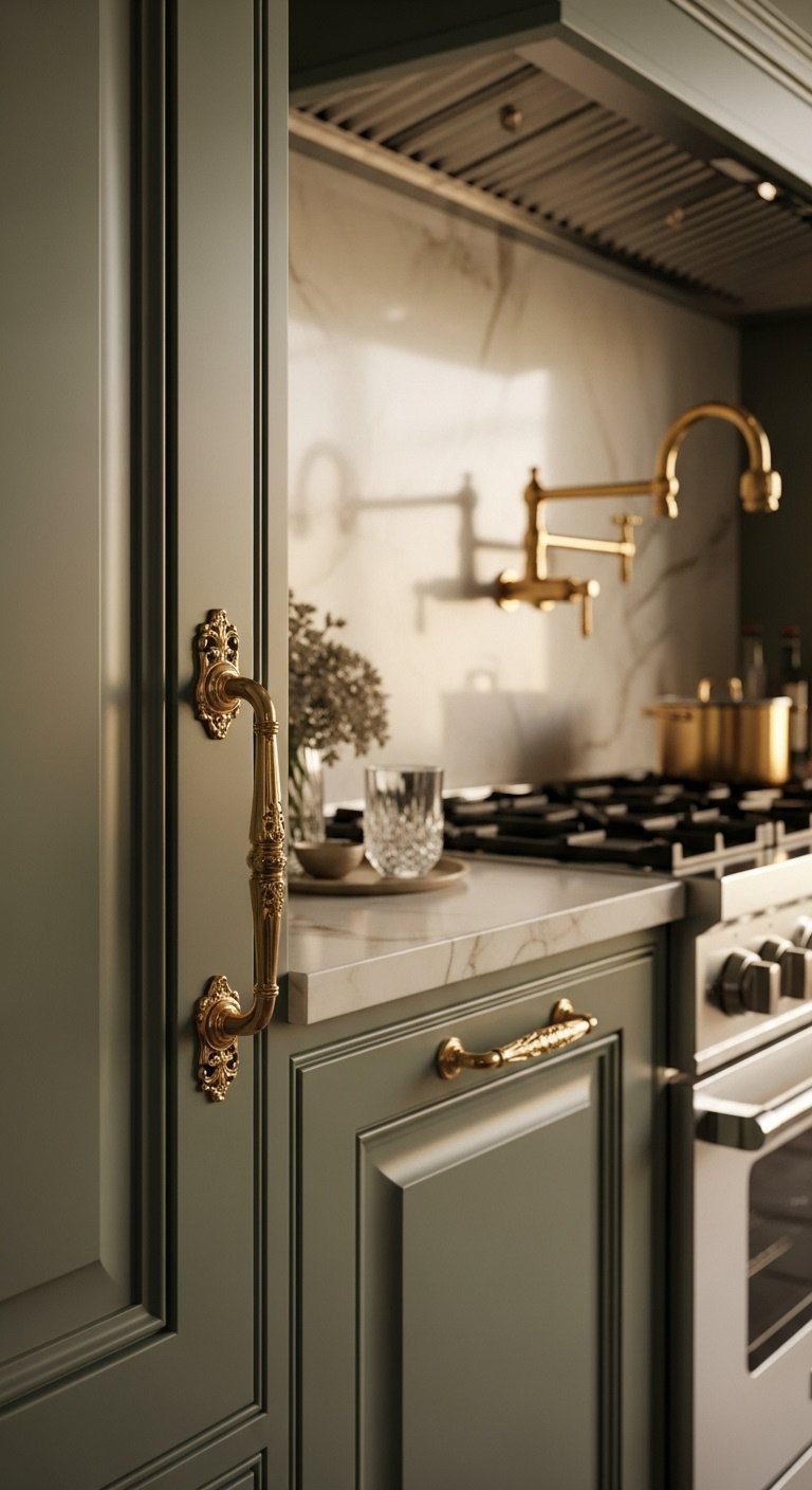 Ornate muted sage green cabinet door polished gold handle creamy marble backsplash stainless steel range gold pot filler faucet