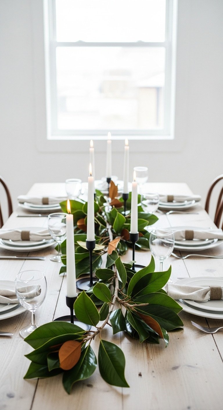 Outdoors in modern Thanksgiving tablescape with magnolia leaf garland white taper candles and minimalist black holders on a wooden table
