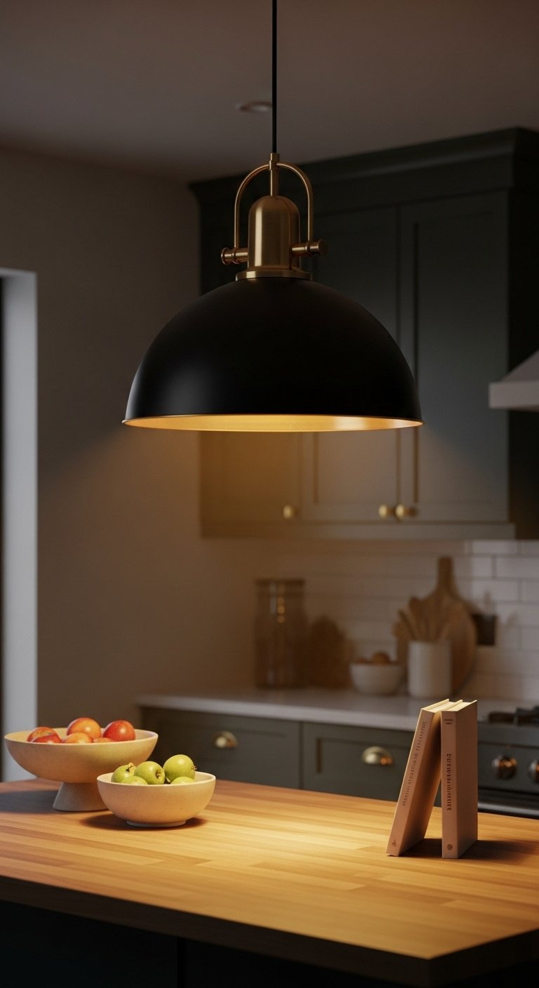 Oversized matte black and brass pendant light casting a warm glow over a butcher block kitchen island with dark green cabinets