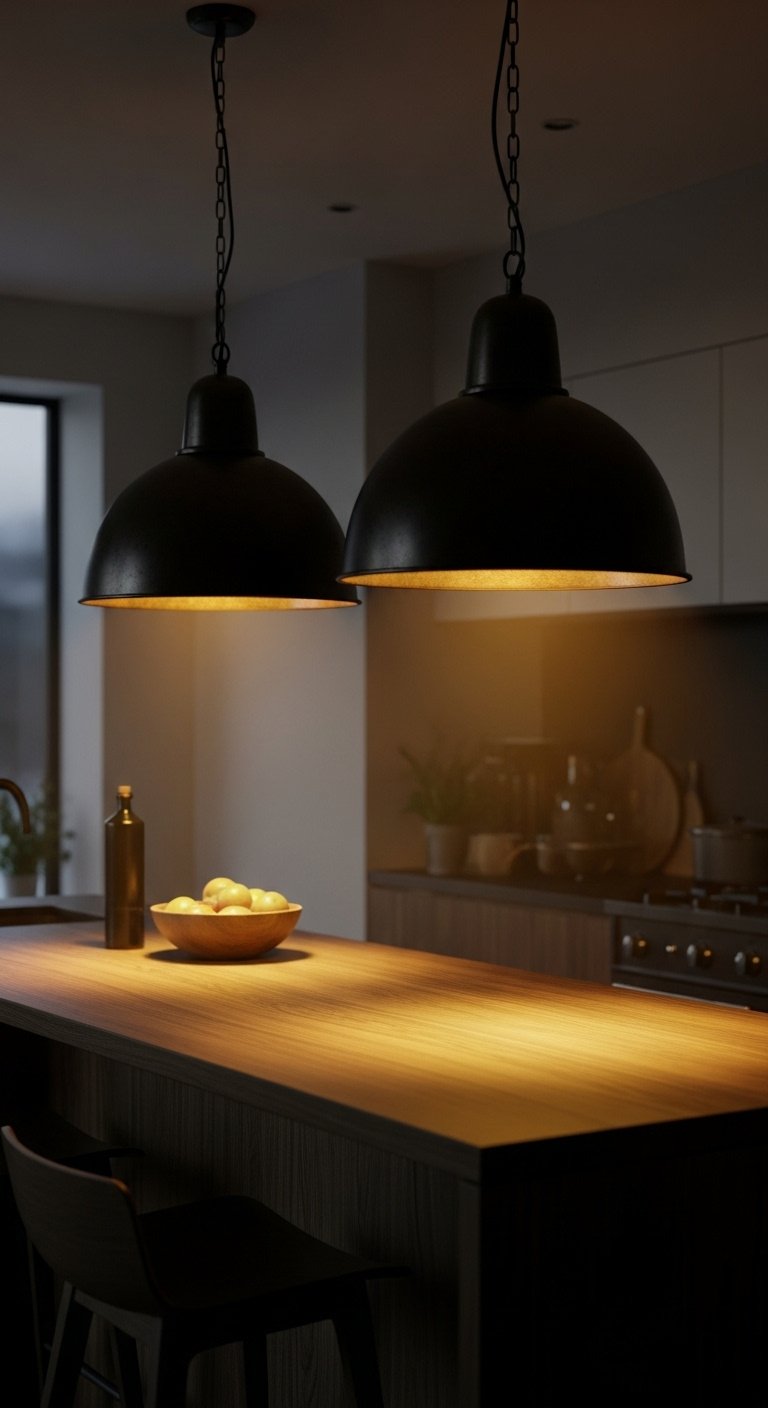 Oversized matte black metal dome pendant lights dark wood kitchen island warm glow minimalist kitchen fruit bowl moody atmosphere