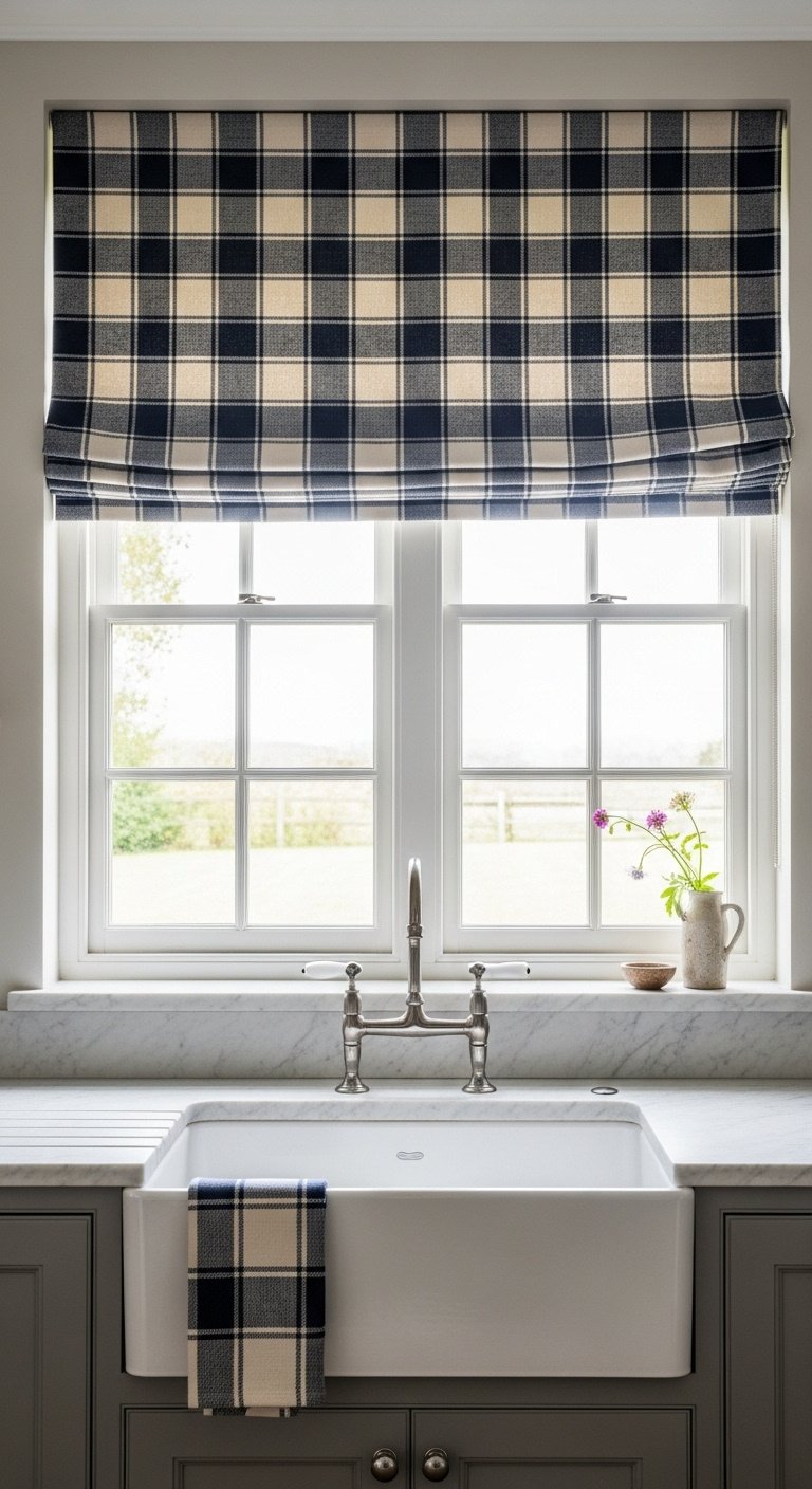 Oversized plaid Roman shade covering top third of kitchen window over sink with farmhouse sink and marble countertops