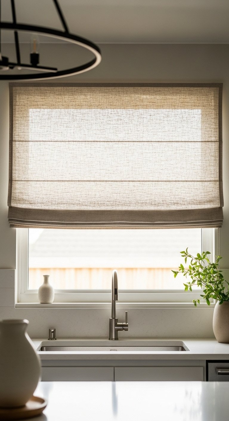 Oversized semi-transparent natural linen Roman shade partially raised over kitchen sink filtering bright afternoon sun