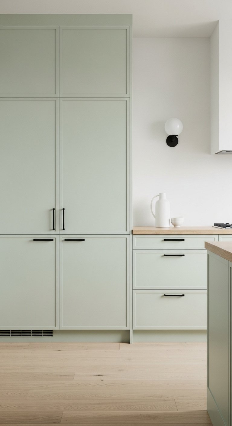 Pale celery green flat panel kitchen cabinets with light maple wood floor minimalist black hardware and white ceramic vase