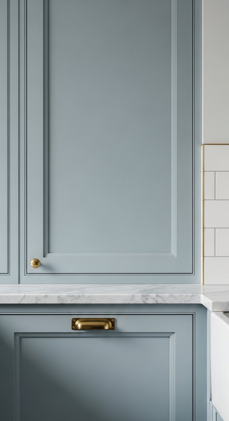 Pale dusty muted blue kitchen cabinet with brass latch handle and Carrara marble countertop