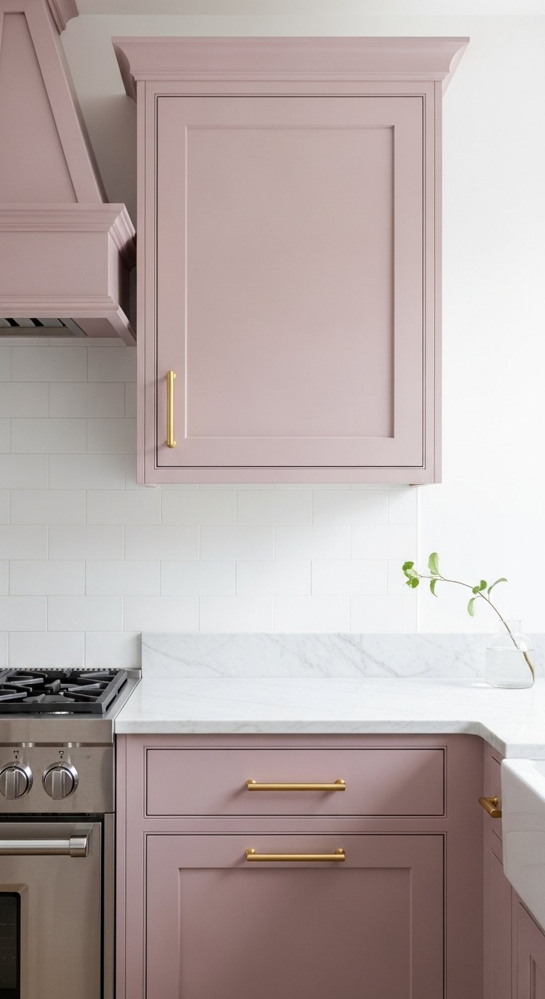 Pale muted pink kitchen cabinet with gold handle and white marble countertop and tile backsplash