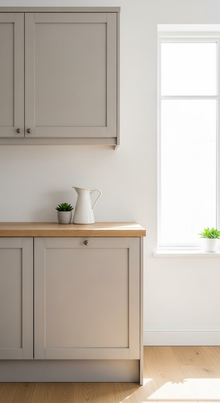 Pale taupe minimalist kitchen cabinets in a bright sun-drenched space with birch wood countertop