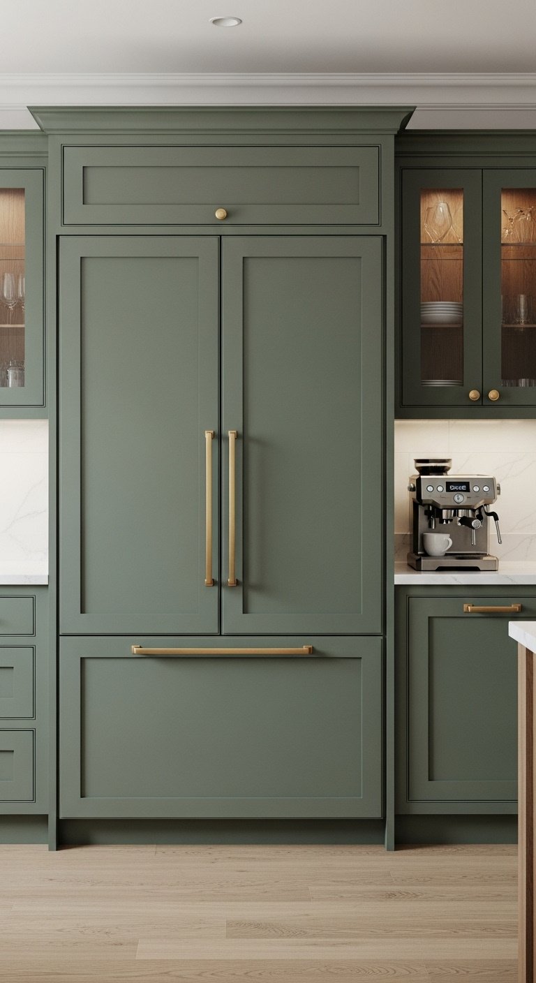 Panel ready refrigerator integrated into dark green shaker style cabinetry with a coffee machine
