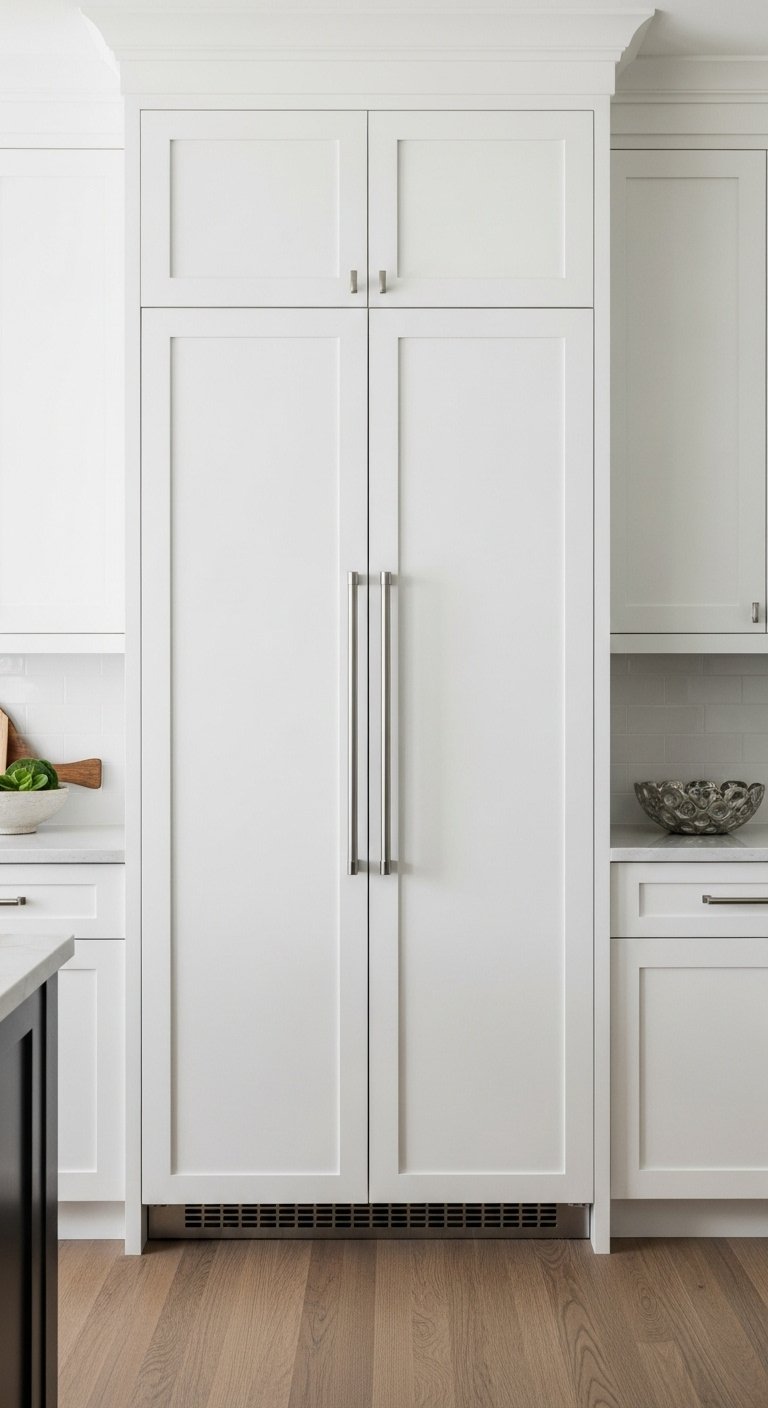 Panel-ready refrigerator seamlessly integrated into white shaker cabinets in a modern 90s kitchen remodel