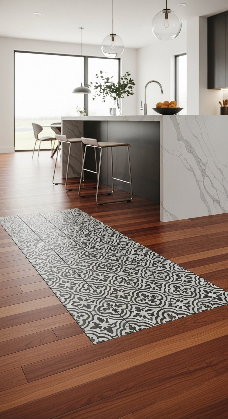 Patterned black and white cement tile 'rug' inlaid into cherry hardwood flooring defining a kitchen zone with bright studio light and elegant minimalist mood