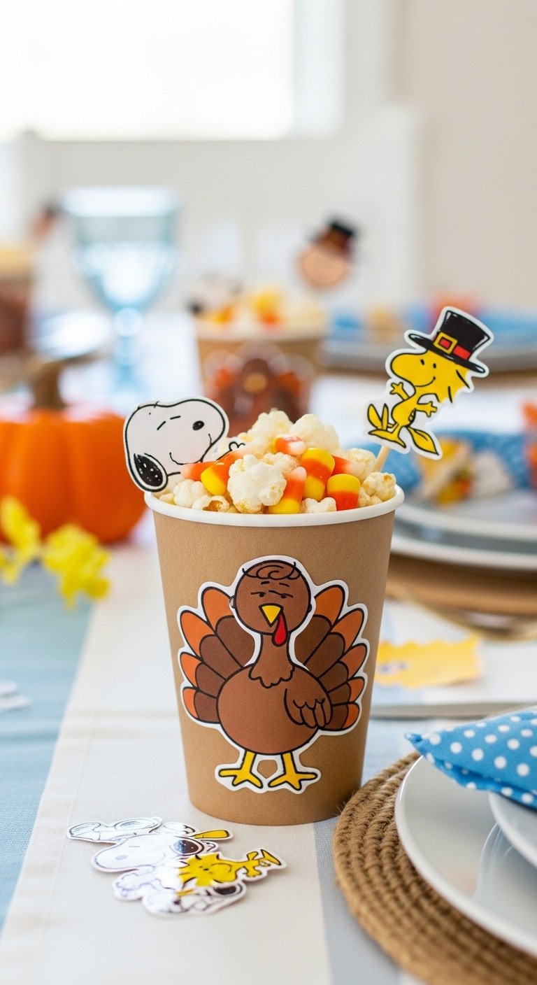 Peanuts themed turkey treat cup filled with popcorn and candy corn decorated with character stickers for kids Thanksgiving table
