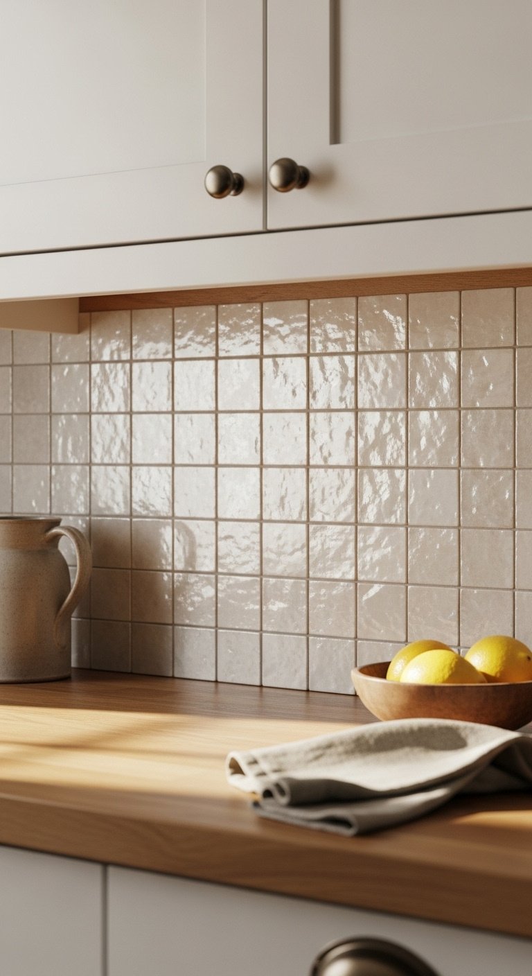 Pearlescent white Zellige tile backsplash with varied textures against white cabinets and a butcher block countertop with lemons