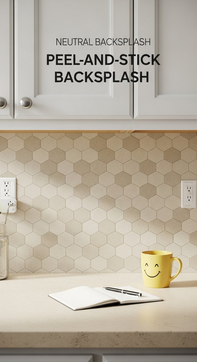 Peel and stick backsplash beige hexagon pattern laminate countertop white cabinets coffee mug notebook pen