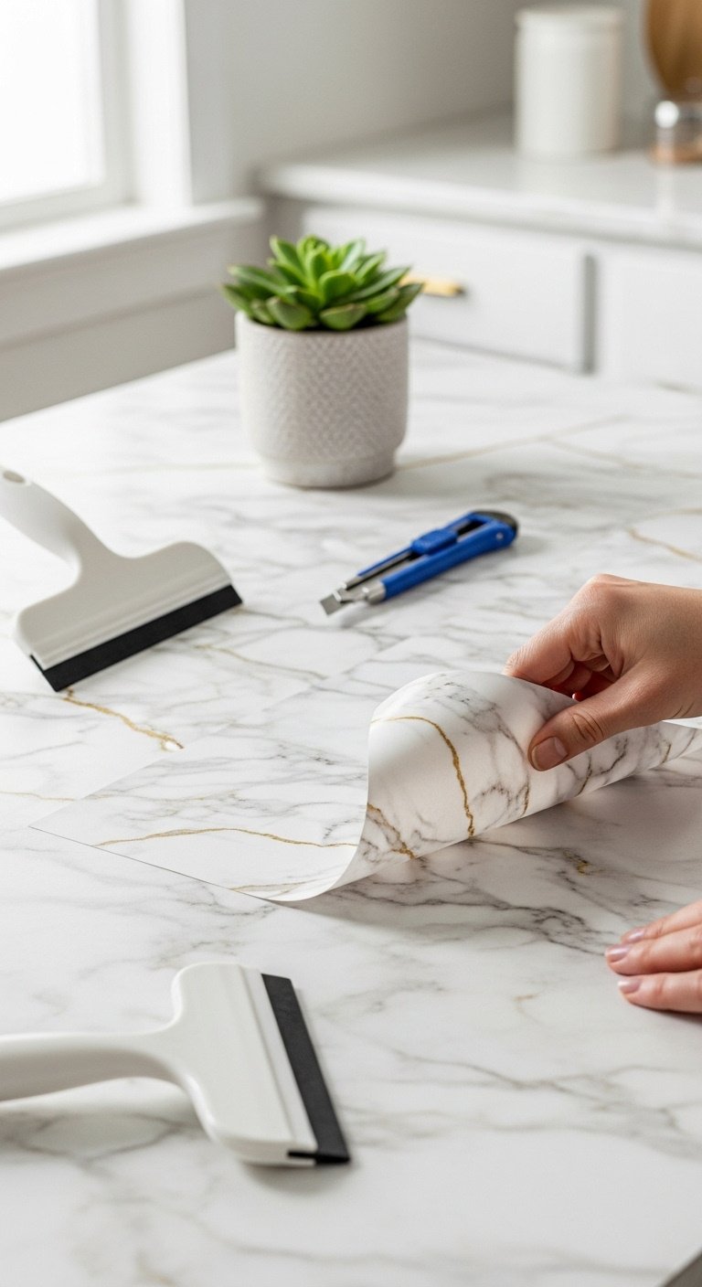Peel and stick marble contact paper being applied to an old laminate kitchen countertop with tools and a succulent