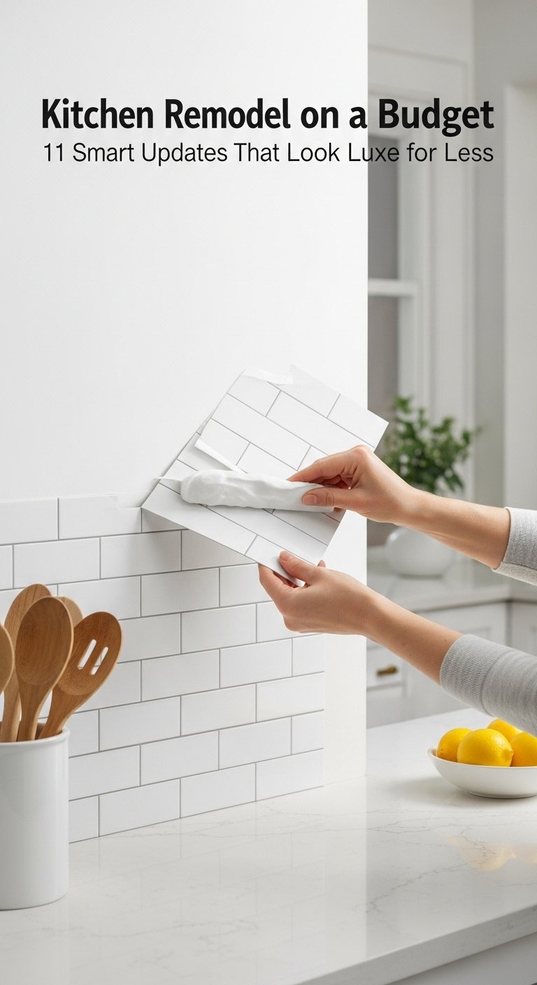 Peel and stick subway tile being applied to a kitchen wall with realistic texture and grout lines above a quartz countertop