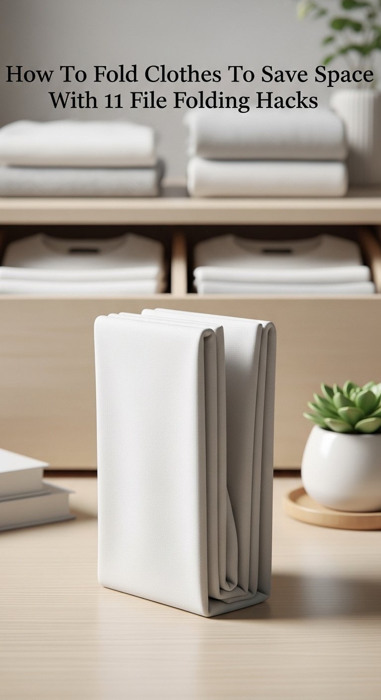 Perfectly file-folded white t-shirt on a light wood surface with a blurred drawer of organized clothes and a succulent in bright studio light