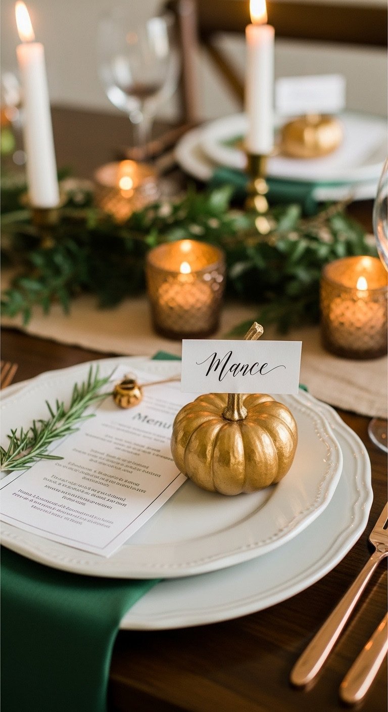 Personalized Thanksgiving place setting with elegant menu miniature gold-painted pumpkin name card and rosemary sprig