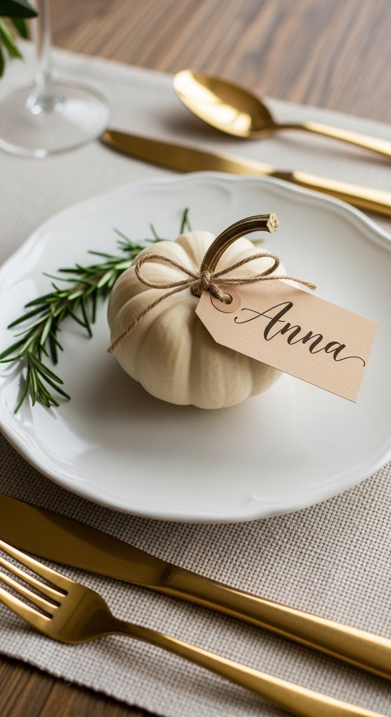 Personalized fall kitchen table place setting with a mini pumpkin kraft paper name tag gold calligraphy and rosemary on a linen placemat