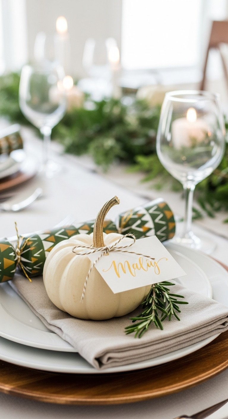 Personalized interactive Thanksgiving place setting with mini white pumpkin hand-lettered place card and festive cracker