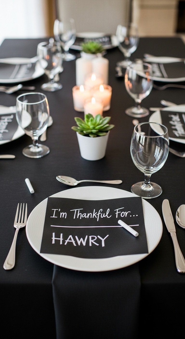 Personalized interactive Thanksgiving table with chalkboard cloth white plates succulent and votive candles