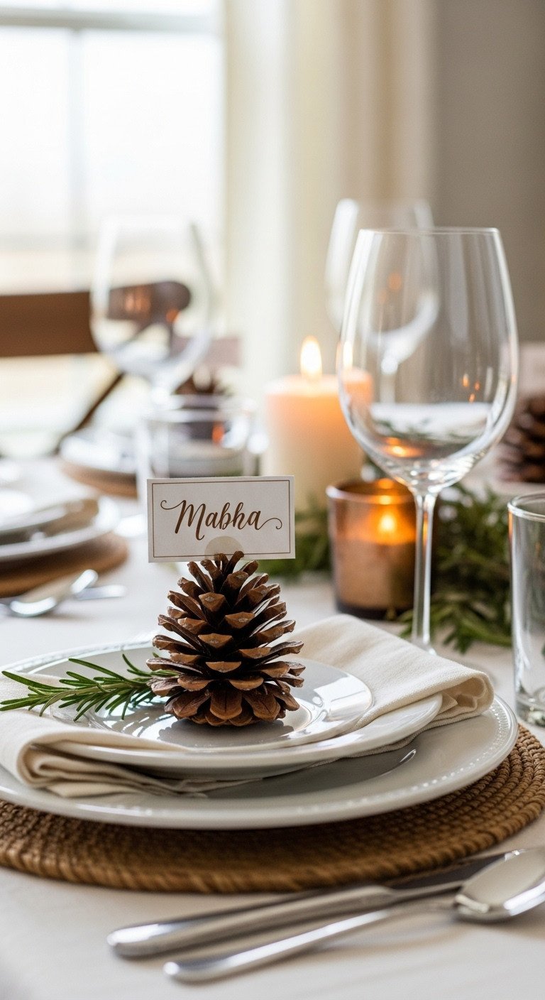 Personalized pine cone place card holder with guest's name next to a wine glass on a Thanksgiving table