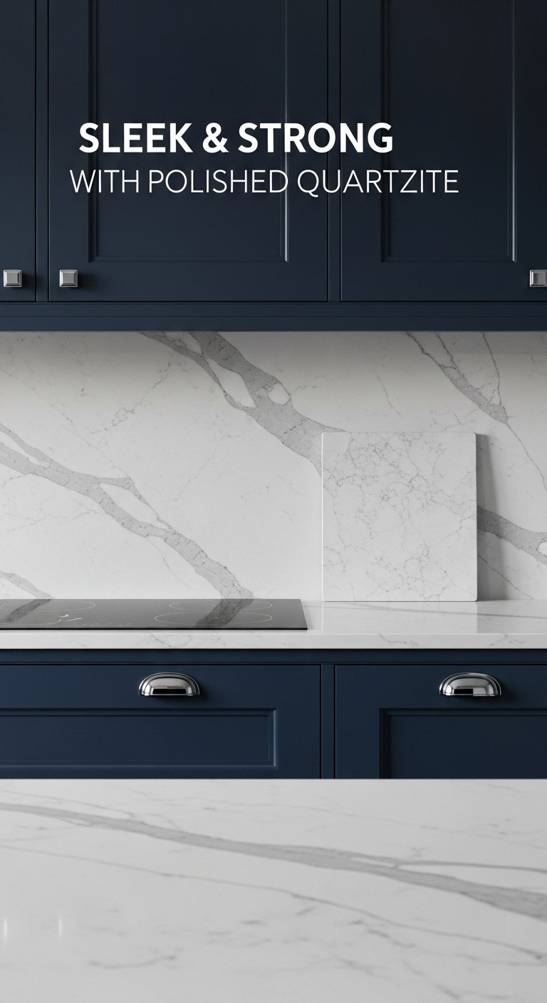 Photorealistic 45-degree shot of a polished quartzite slab backsplash with soft elegant veining in light grey and white in a modern kitchen