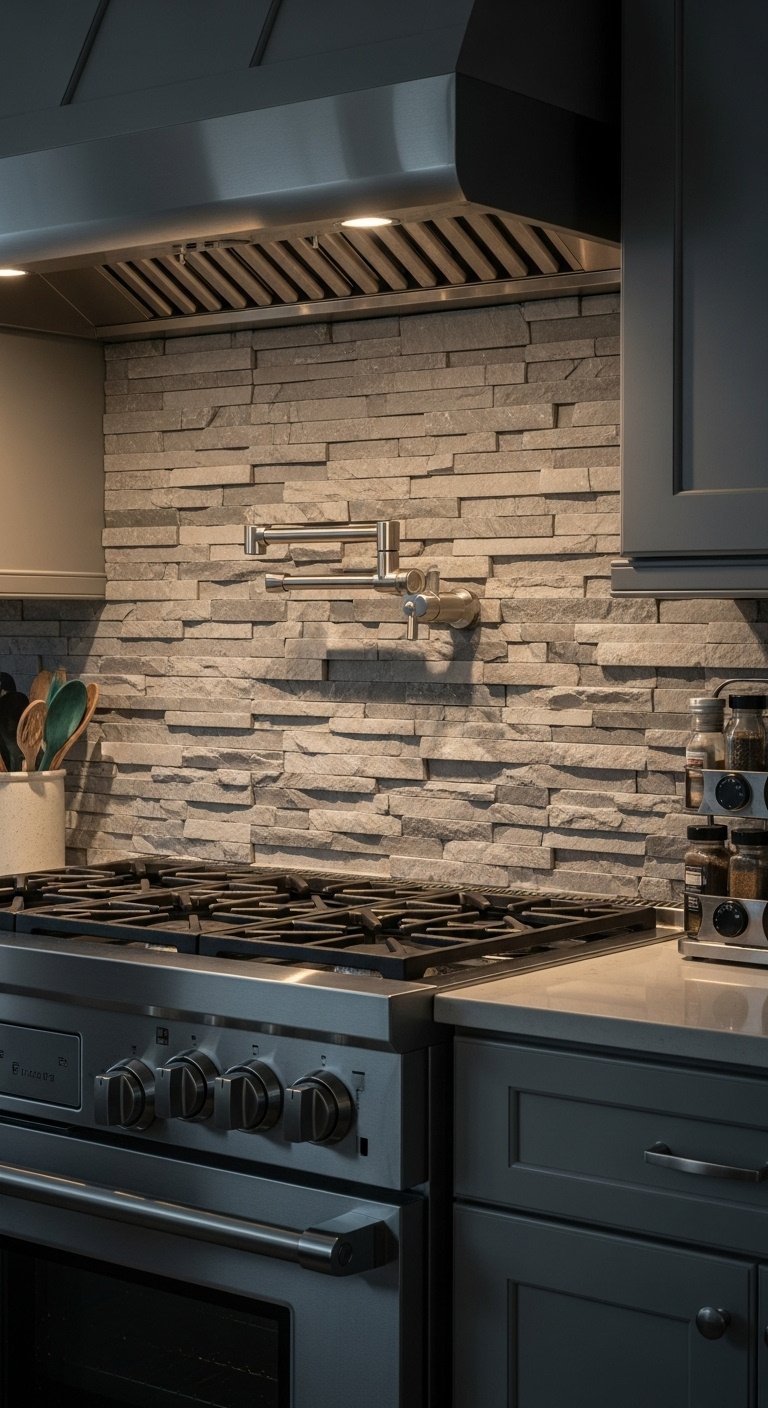Photorealistic 45-degree shot of a rugged stacked stone backsplash with interlocking quartzite pieces in grey and beige behind a gas range