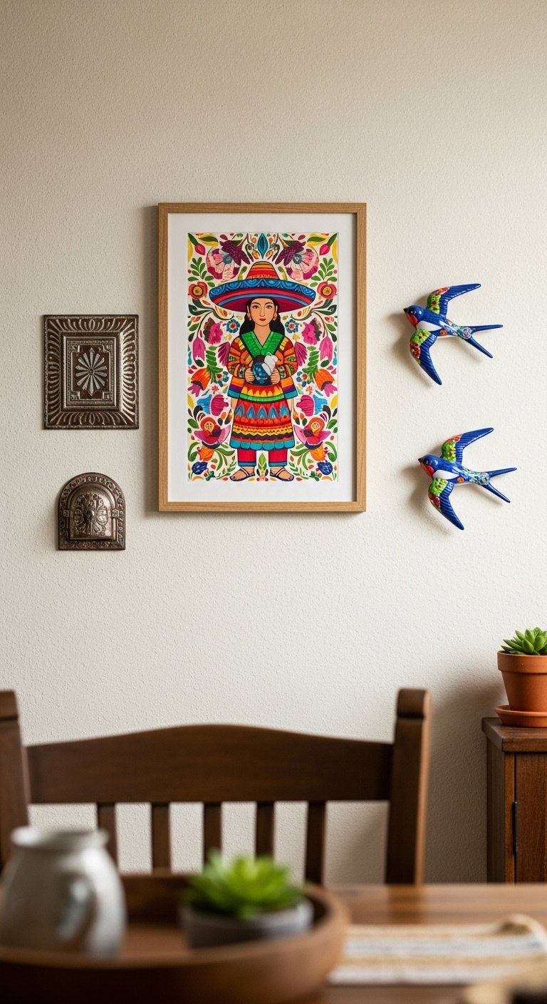 Photorealistic Mexican folk art gallery wall kitchen nook colorful print tin nicho ceramic swallows textured wall succulent plant