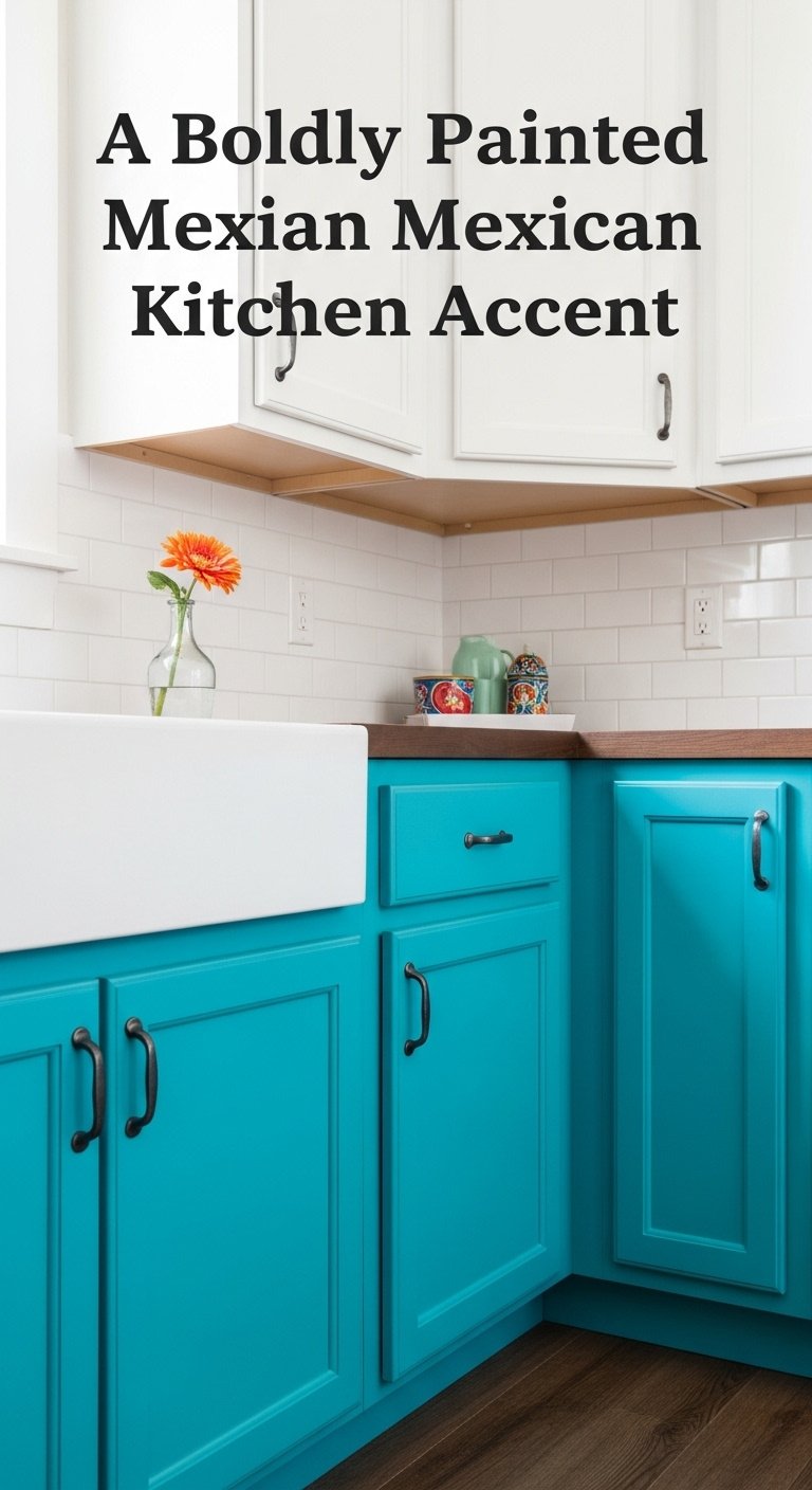 Photorealistic boldly painted Mexican kitchen accent vibrant turquoise cabinets wrought iron handles butcher block countertop white tiles orange flower