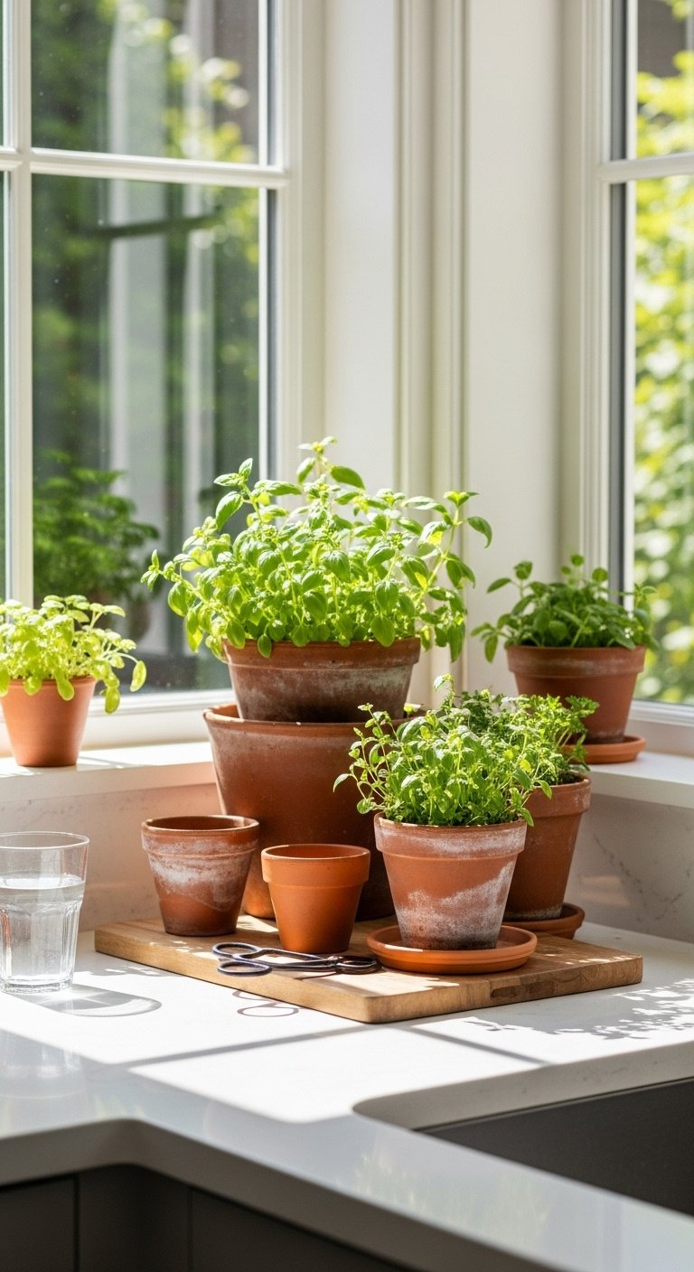 Photorealistic bright kitchen corner with a thriving herb garden in terracotta pots and streaming natural light