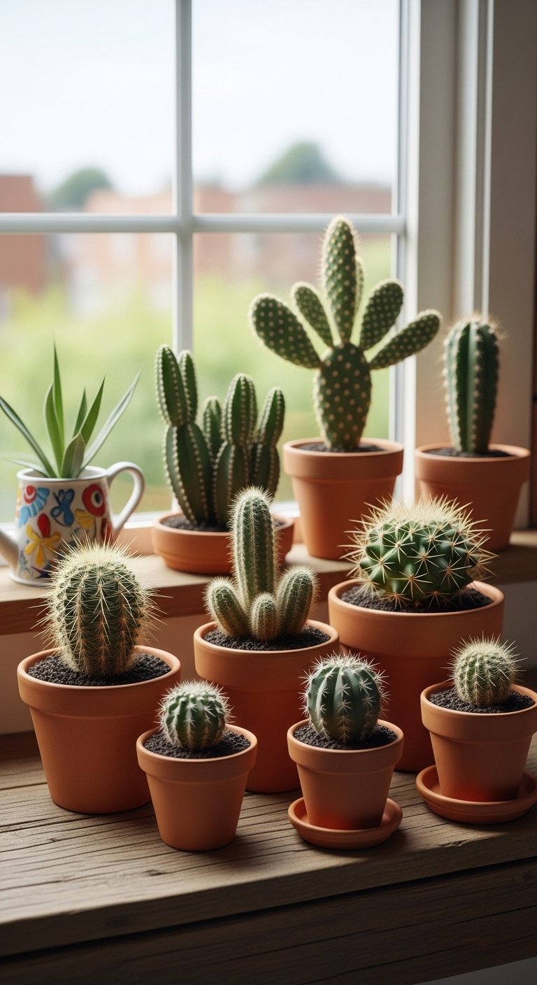 Photorealistic cacti succulents terracotta pots weathered wooden windowsill bright indirect natural light ceramic watering can